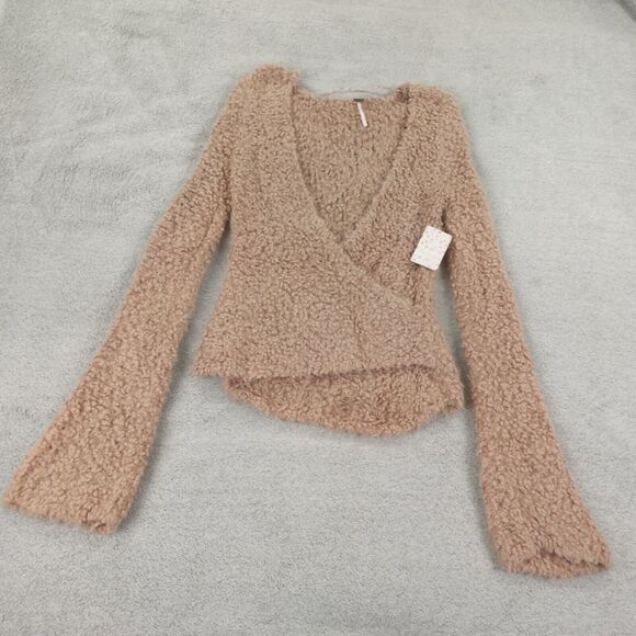 Free People Sweaters - Free People Sweater Womens Large Taupe Marshmallow Surplice Pullover‎ Wrap Teddy